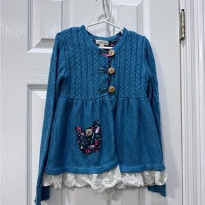 Matilda Jane Teal Sweater with Pink Floral Accents